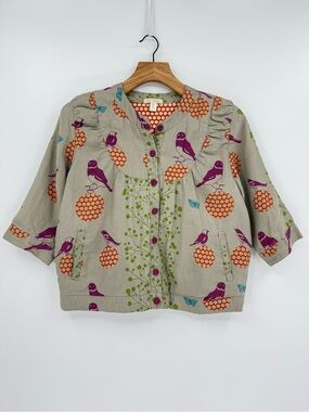 Art to Wear Novelty Bird Butterfly Polka Dot Linen Half Sleeve Button Jacket L